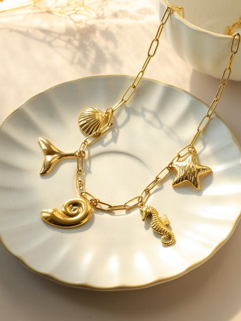 Halskette Edelstahl, Muschel Seepferdchen Seestern Anhänger, Gold, Unisex - Bild 1