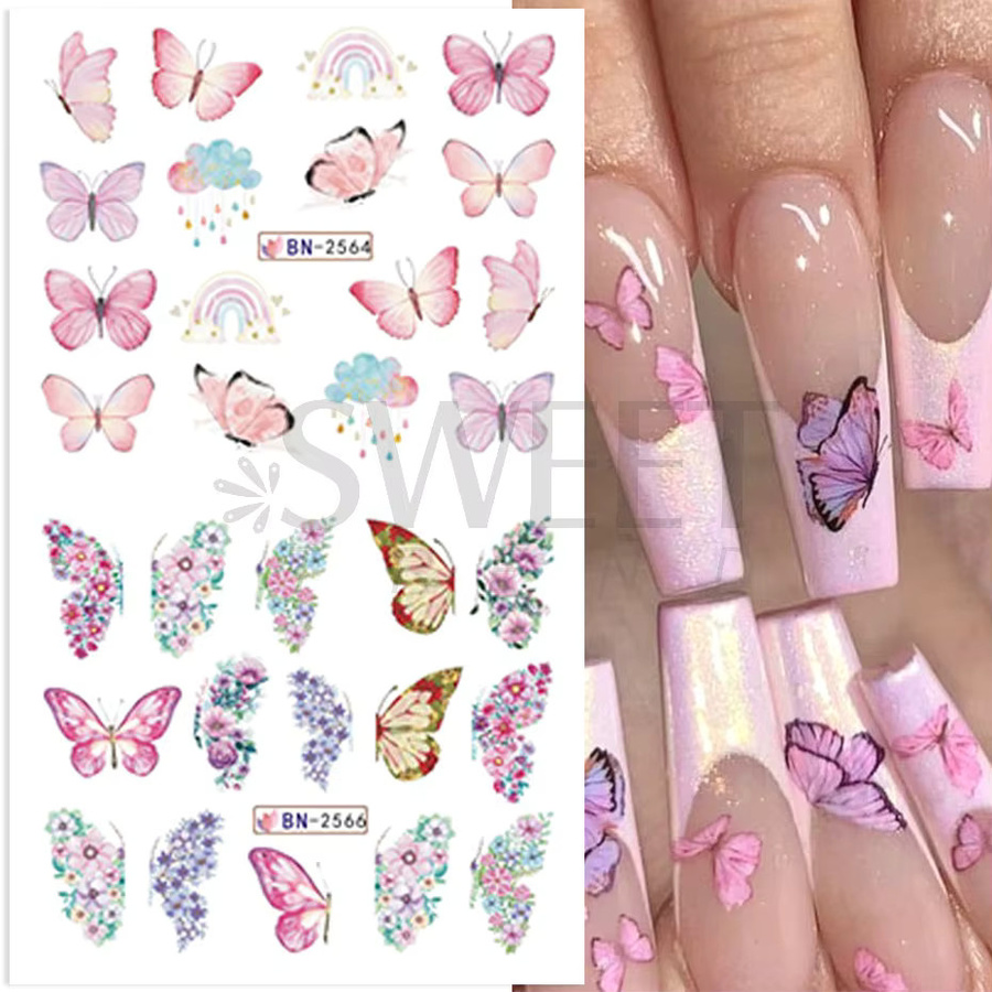 SWEET TREND Nagelwasseraufkleber Schmetterling Sommerblumen, 12 Stück, Glänzend - Bild 3