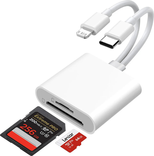 2-in-1 SD-Kartenleser für iPhone, iPad und Mac mit USB-C und Lightning Anschluss in Weiß - Bild 1