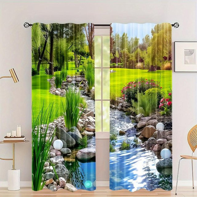 Yiran Furniture Park Natur Vier Jahreszeiten Landschaft Halbverdunkelungsvorhänge im 2er-Set, Art Deco Design, Mehrfarbig, Breite: 100 cm, Höhe: 130 cm - Bild 1