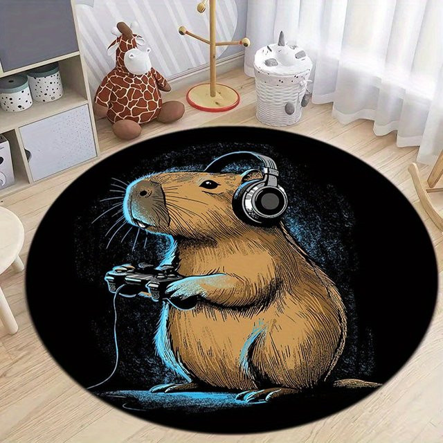 Runder Teppich mit Capybara-Gaming-Headset-Muster in Schwarz, rutschfeste Bodenmatte für Wohnzimmer, Schlafzimmer oder Badezimmer - Bild 1