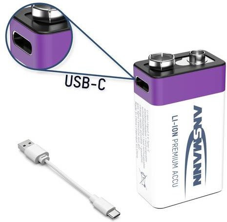 Ansmann E-Block 9V Akku Li-Ion mit USB-C Anschluss, 400 mAh, Lila - Bild 1
