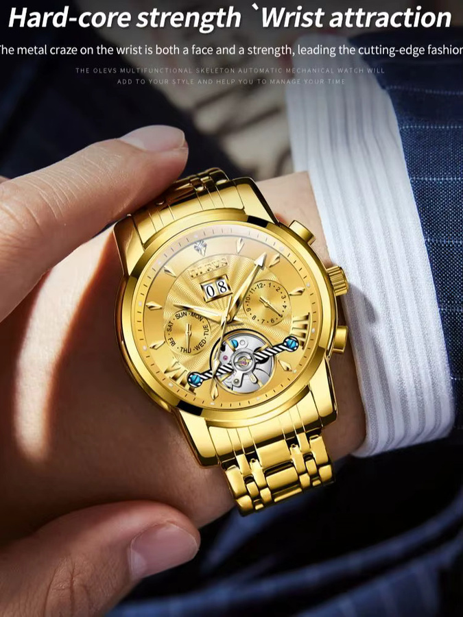 OLEVS Armbanduhr, Automatik, Edelstahl, Gold, Herren, Tag- und Datumsanzeige - Bild 6