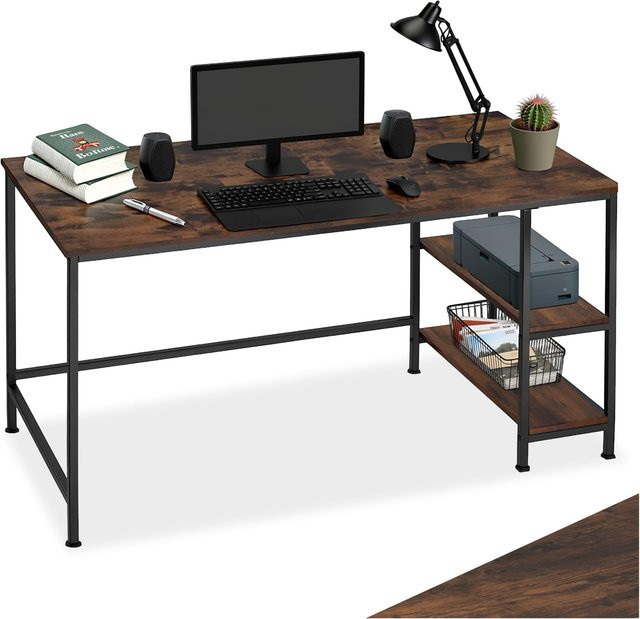 tectake Computer-Schreibtisch im Industrial Style mit Seitenregal und 2 Ablagefächern, Farbe: Braun, B/T/H: 120 x 60 x 75,5 cm - Bild 1