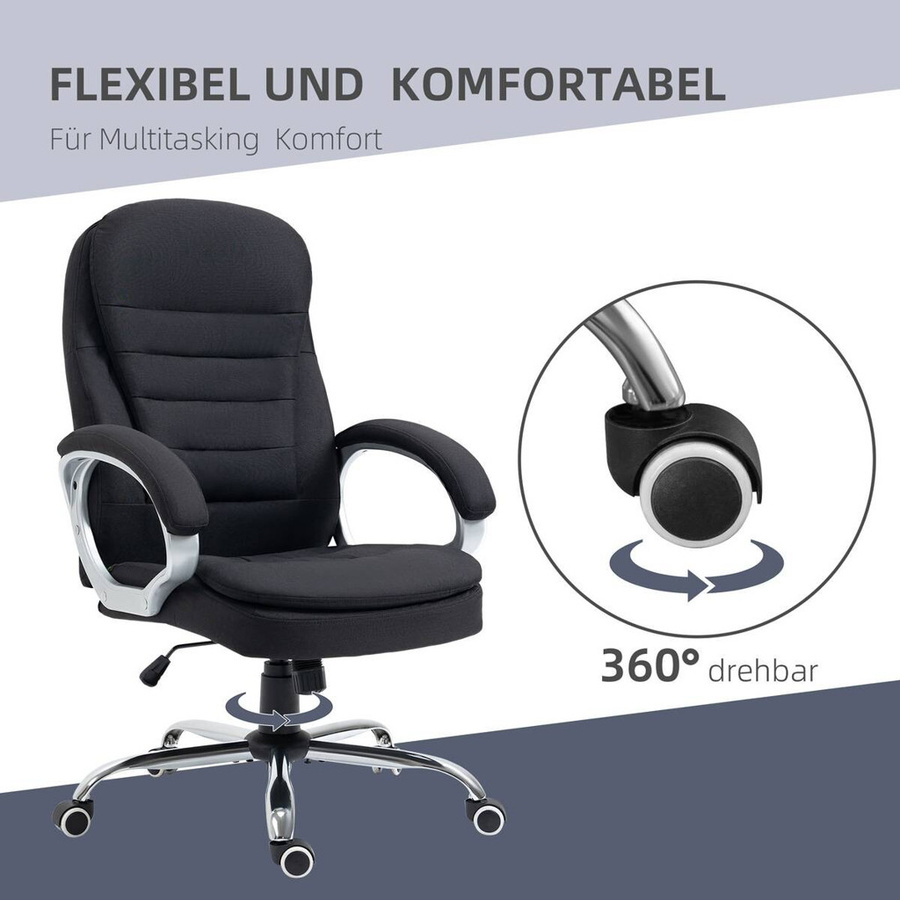 Vinsetto Bürostuhl 921-170BK in Schwarz mit Leinen-Bezug, 360° Drehsitz, Wippfunktion und Armlehnen, B/T/H: 52 x 64 x 111 cm - Bild 4