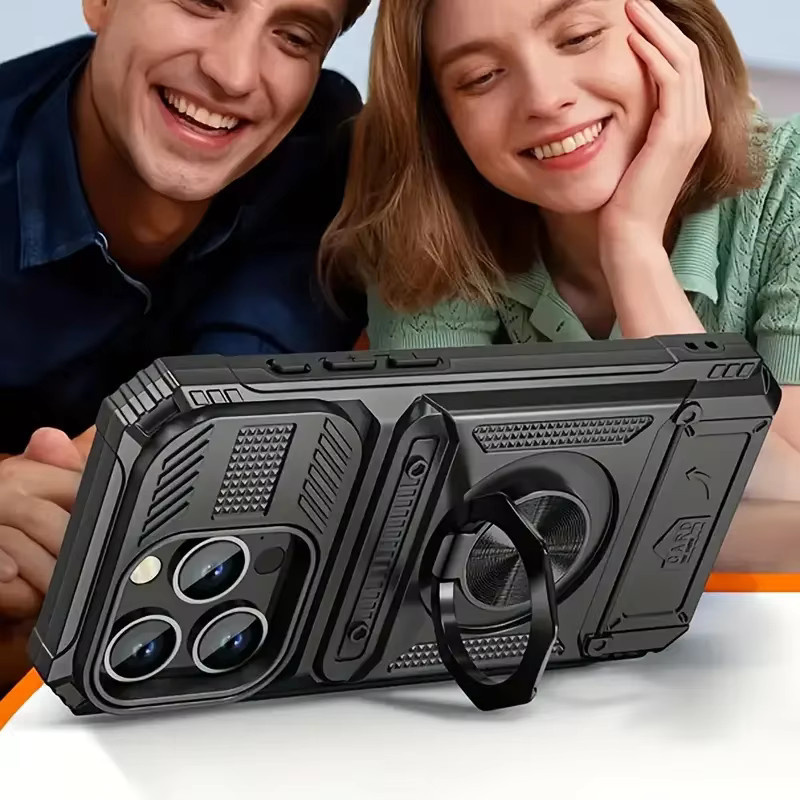 Robuste Handyhülle für Apple iPhone 17 16 15 14 13 Pro Max 11 mit magnetischem Ring, Ständer und verstecktem Kartenfach in Schwarz - Bild 5