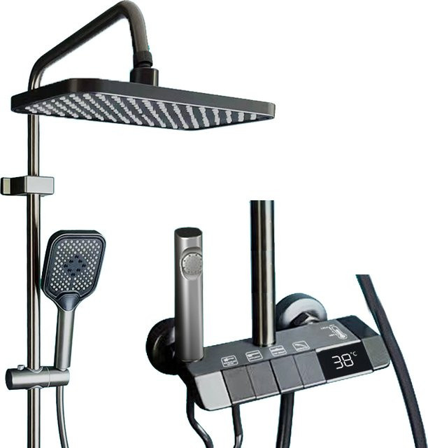 OWJHE Duschkopf-Set mit Digitalanzeige aus Messing in Grau mit 4 Modi und verstellbarem Edelstahl-Halter sowie Hochdruck-Sprühkopf - Bild 1