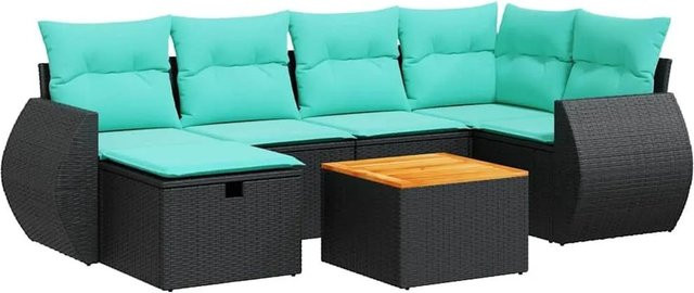 vidaXL 7-teilige Garten-Sofagarnitur in L-Form aus Poly-Rattan mit Kissen und Tisch in Schwarz - Bild 1