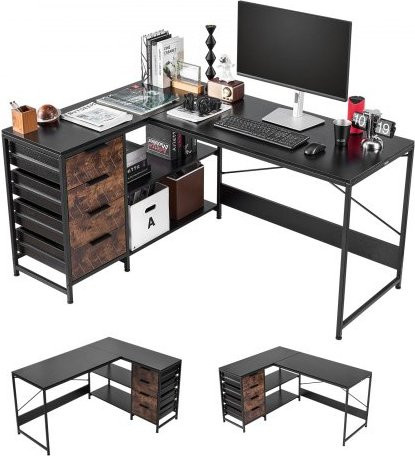 VEVOR Gaming Tisch L-Form in Schwarz mit Schubladen und Ablagefächern, Eckschreibtisch als Arbeitsstation für Homeoffice, B/T/H: 150 x 110 x 75,5 cm - Bild 1