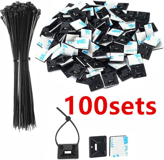 100 selbstklebende Kabelbinder in Schwarz mit Reißverschluss und Wandhalterung, B/B: 2 x 2 cm - Bild 1