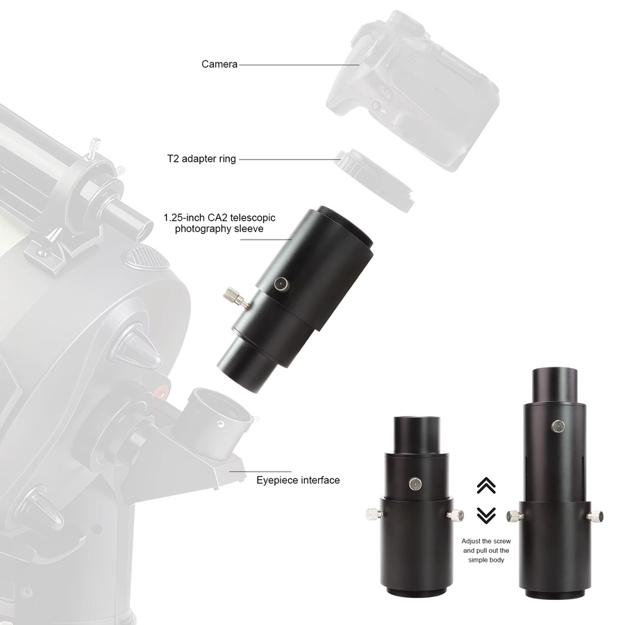 Datyson Teleskop-Kamera-Adapter in Schwarz, fokussierbarer Projektionsadapter und 1,25 Zoll Verlängerungsrohr-Kit für astronomische Fotografie - Bild 3