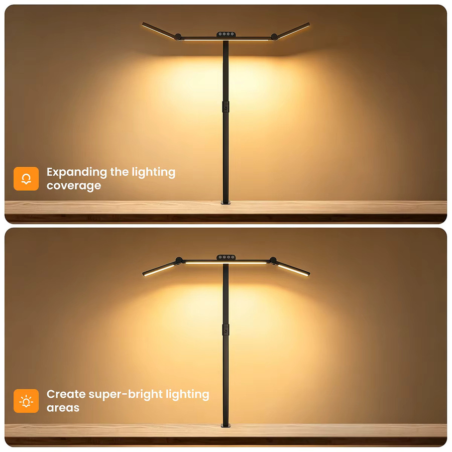 Dimmbare Dreikopf-LED-Tischleuchte in Schwarz mit Sockel und Klemme, Augenschonende Schreibtischlampe mit 5 Farbmodi, Zeitschaltuhr und verstellbarem Winkel für Home-Office und Dual-Monitor-Setups - Bild 3