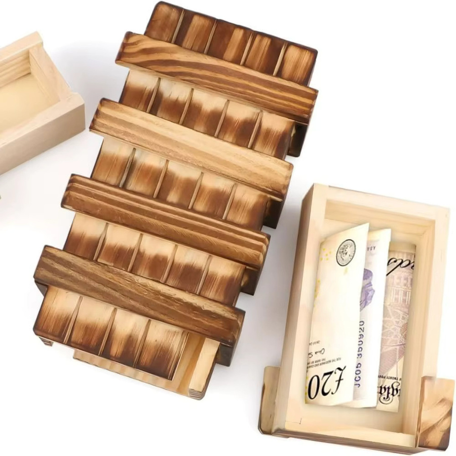 Versteckte Geld-Holzkiste in Braun als tragbare Puzzle-Box mit Trickschloss zur geheimen Aufbewahrung von Schlüsseln, Medizin und Werten - Bild 3