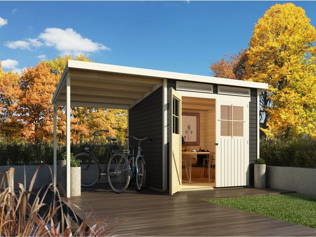 Karibu Gartenhaus Glücksberg mit Anbaudach in Grau, Wandstärke 19 mm, B/T/H: 439 x 236 x 220 cm - Bild 1