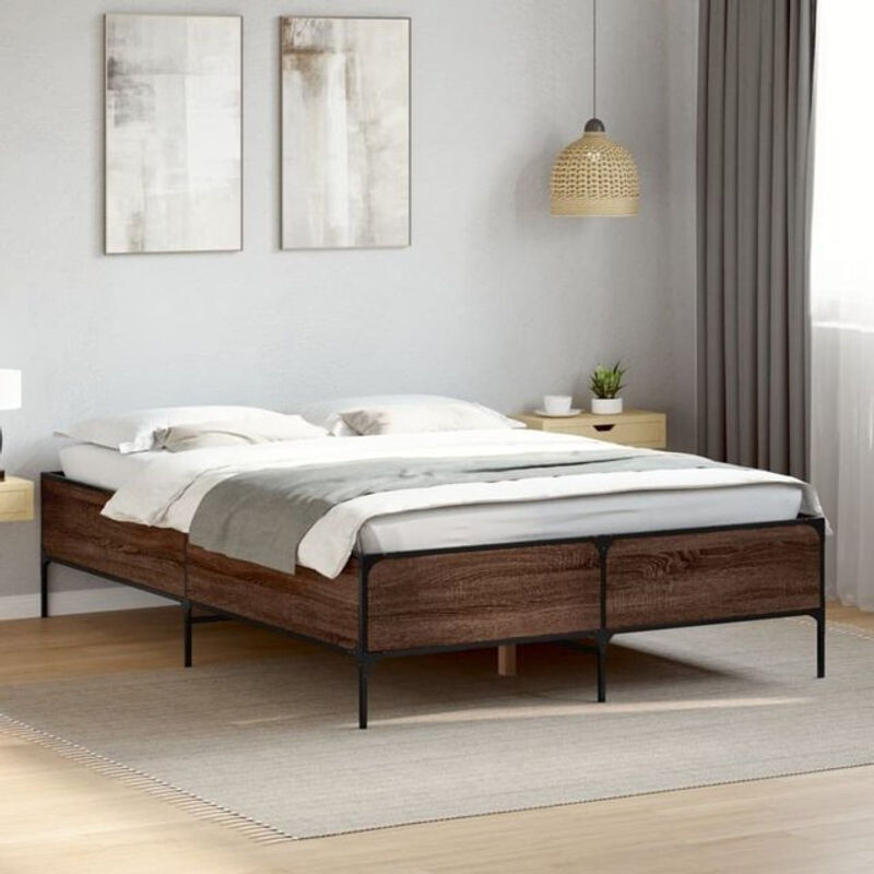 Vidaxl Doppelbett im Industrial-Design aus Holzwerkstoff und Stahl, Braun, B: 150 cm, L: 200 cm - Bild 1