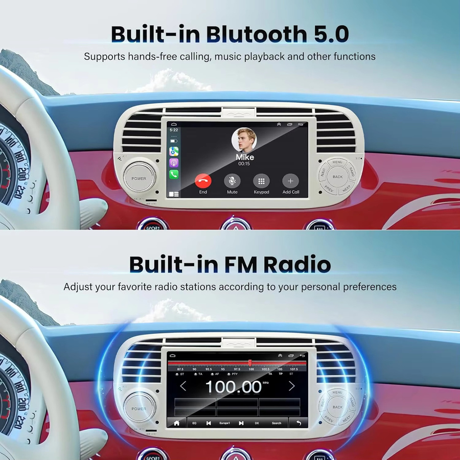 XFY Android 14 Autoradio mit Wireless CarPlay für FIAT 500 Abarth 2007 bis 2015, 2Din Multimedia-Bildschirm mit GPS, Bluetooth und Wi-Fi in Schwarz und Silber - Bild 5