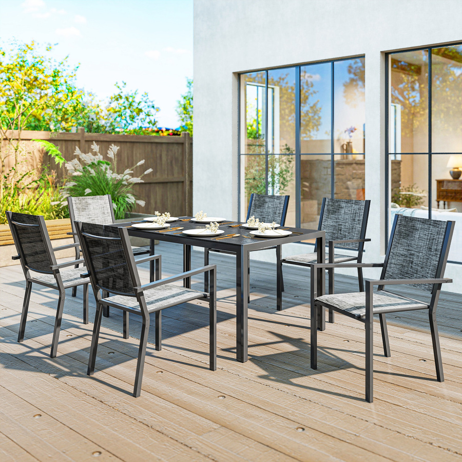 Outsunny 7-teiliges Gartenmöbel-Set mit Tisch und 6 stapelbaren Stühlen aus rostfreiem Stahl in Schwarz - Bild 2