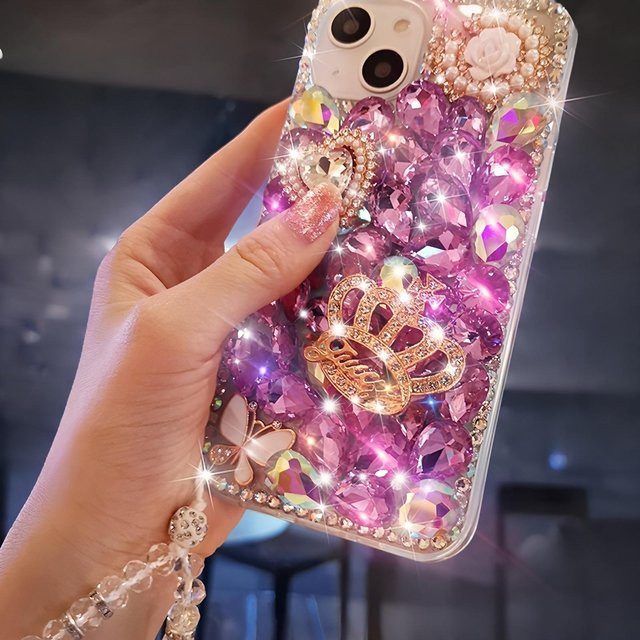 Songxiu Technology Glitzer Strass Handyhülle mit Kristall Krone Schmetterling und Perlen Design für iPhone, Violett - Bild 1