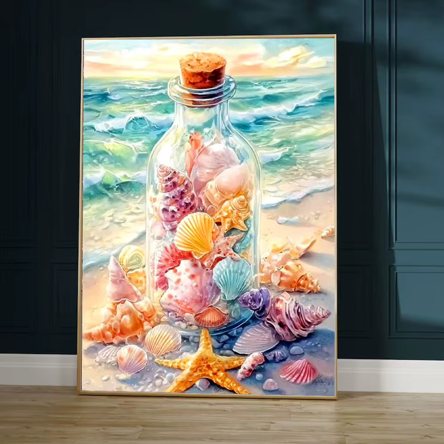 Huacan Diamantmalerei Strandlandschaft mit Treibflasche und Muscheln, Mehrfarbig, Durchmesser: 30,0 cm - Bild 2