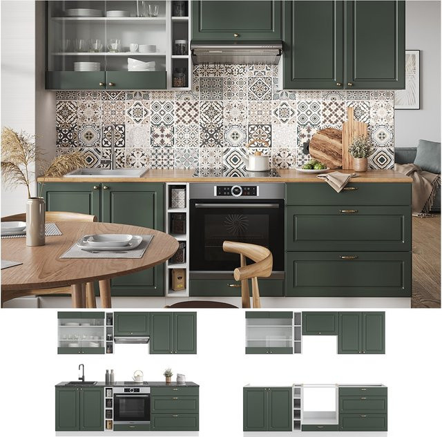 Vicco Küchenzeile Fame-Line Landhausstil in Weiß Grün Gold mit Breite: 235 cm - Bild 1