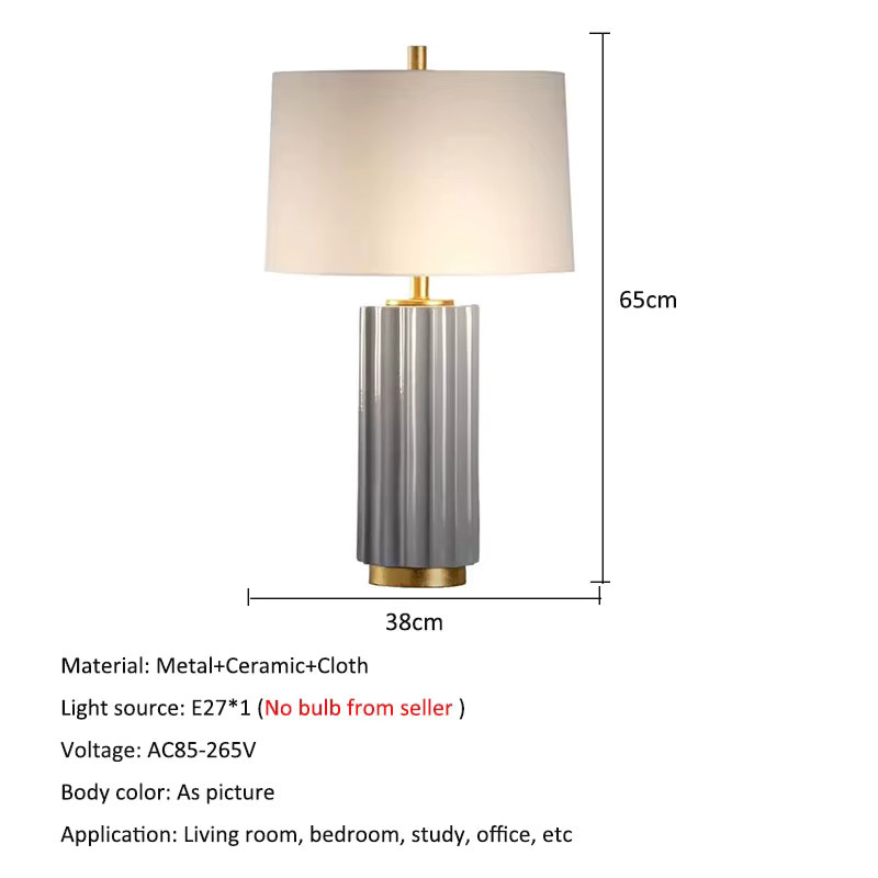 Moderne Designer Tischlampe aus Keramik und Stoff in Weiß und Grau mit Gold/Messing-Details, Höhe: 65,0 cm, Breite: 38,0 cm, Tiefe: 38,0 cm - Bild 2