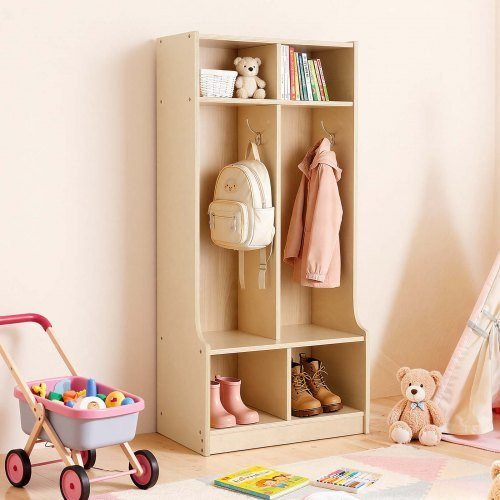 VEVOR Kinder Garderobenregal aus Sperrholz mit 2 Fächern, 4 Haken und 4 offenen Aufbewahrungsboxen, Modernes Holz-Stauraumorganizer für Kindergarten und Zuhause, Beige/Braun - Bild 1