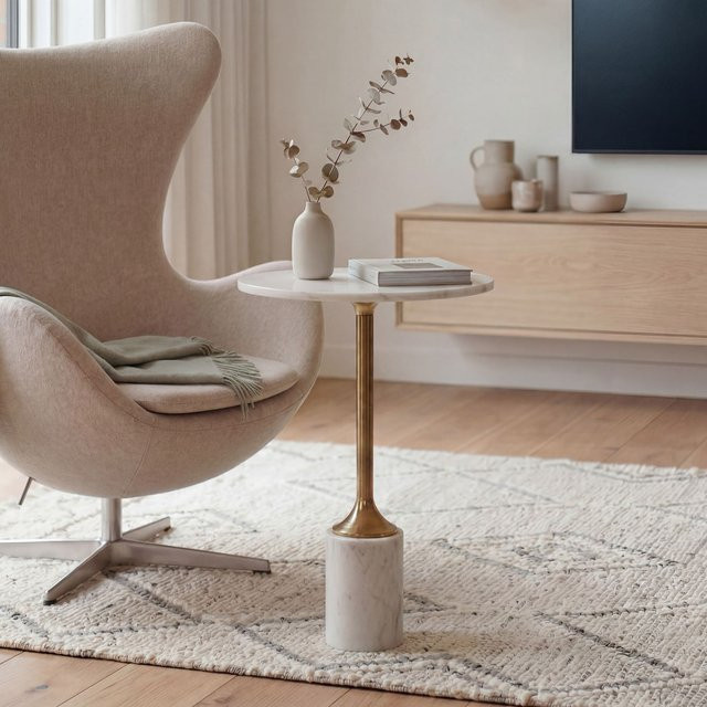 Finebuy Beistelltisch Design mit Marmorplatte in Weiß und goldfarbenem Metall, runder Couchtisch für dein Wohnzimmer - Bild 1