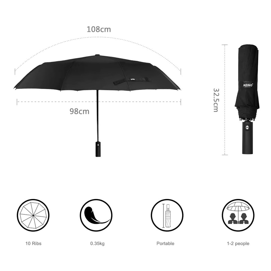 KONO Sturmfester Automatik-Regenschirm für Herren und Damen, winddicht und kompakt, Schwarz, Länge: 108 cm - Bild 3