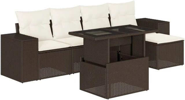 vidaXL 6-teilige Garten-Sofagarnitur aus braunem Poly-Rattan mit cremeweißen Kissen - Bild 1