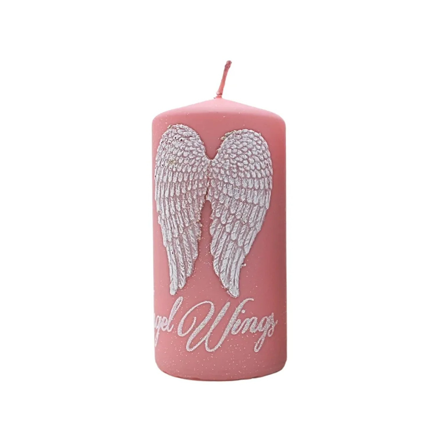 Dekohelden24 Stumpenkerze mit weißen Engelsflügeln als Kommunionkerze oder Grabkerze in Pink und Weiß, H x B: 13 x 6 cm - Bild 2