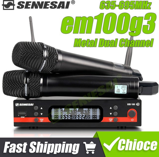 SENNESAI Em100g3 Professionelles Duales Drahtloses UHF Mikrofon-System mit 2 Kanälen, Dynamisches Metall-Handmikrofon in Schwarz - Bild 1