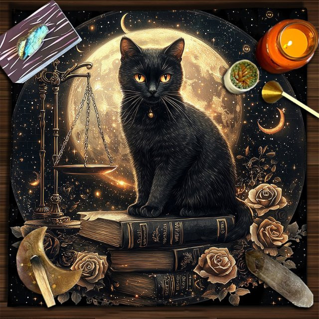 VIKAMA Tarot Altartuch mit Schwarzer Katze, Sonne, Mond und Sternen in Schwarz aus Leinen im Boho-Stil - Bild 1