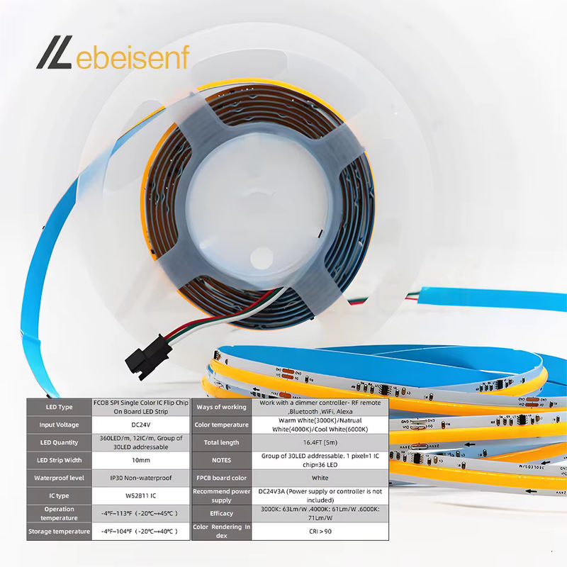 lebeisenf COB WS2811 LED-Lichtleiste RGBIC mit Durchflusseffekt, 5 m Länge, 360 LEDs, DC24 V, adressierbar und zuschneidbar - Bild 6