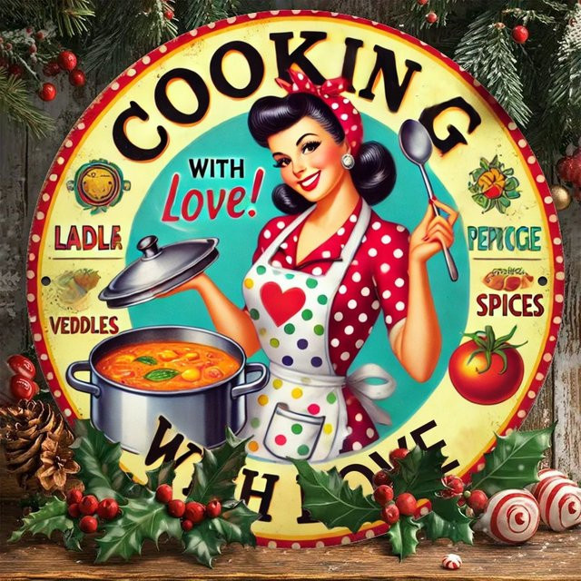 Rundes Metallschild HELLOYOUNG Cooking with Love Wanddekoration in Multicolour mit Retro-Design und Herz-Motiven, Durchmesser: 20 cm - Bild 1