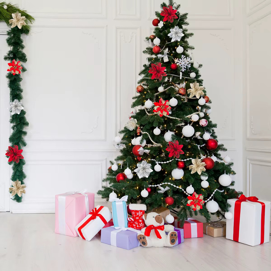 Joy-enlife Weihnachtsblumen als Baumschmuck in Rot und Silber mit Glitter-Effekt - Bild 1
