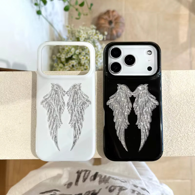 Potdemiel Handyhülle mit 3D Engelsflügeln im Cartoon-Design für iPhone 15 16 17 Pro Max, Schwarz, Rosa und Weiß - Bild 2