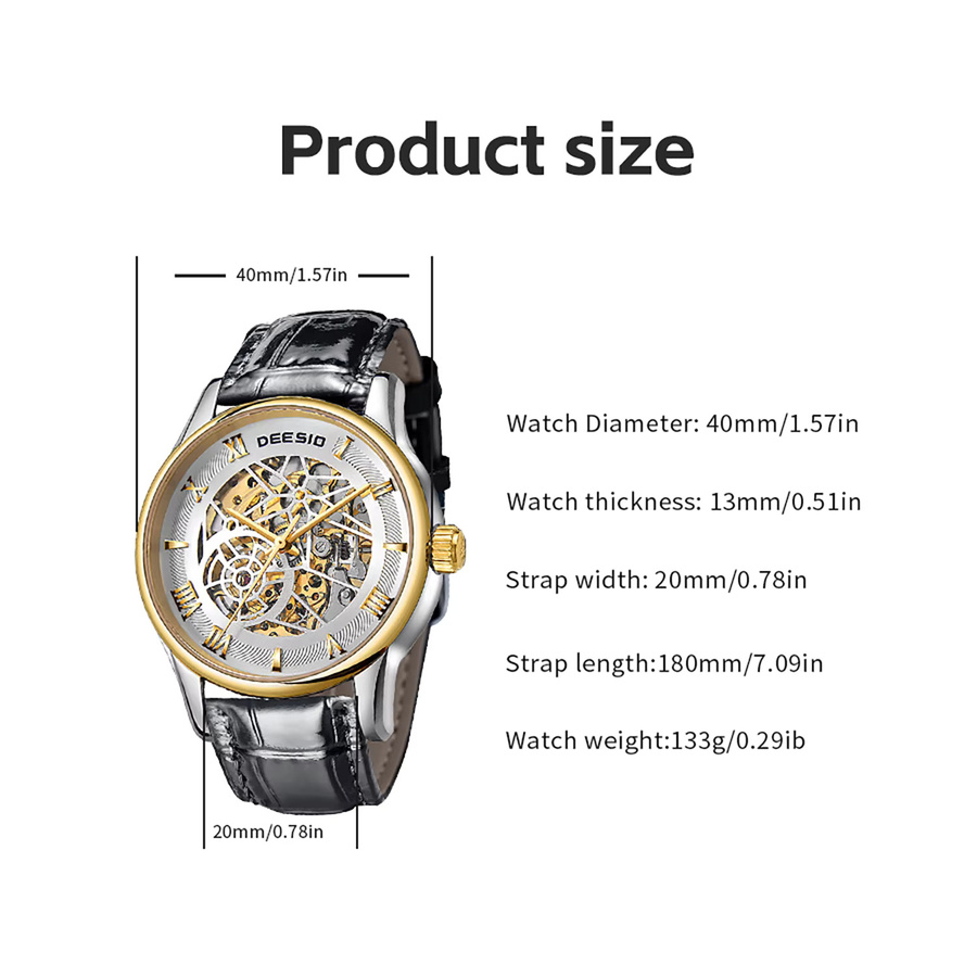 Deesio Armbanduhr Automatik, Edelstahl, 40 mm, Lederarmband, Unisex - Bild 5