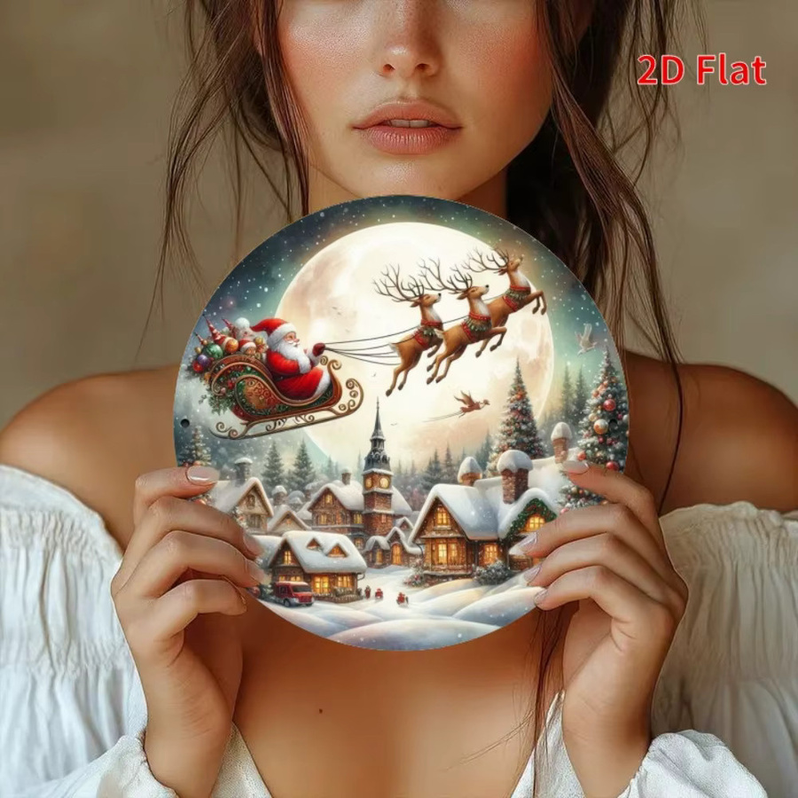 HELLOYOUNG Vintage Weihnachtsmann Schlitten Metall Wanddekoration mit Rentier und Winterdorf, Mehrfarbig, B/H: 20 x 20 cm - Bild 5