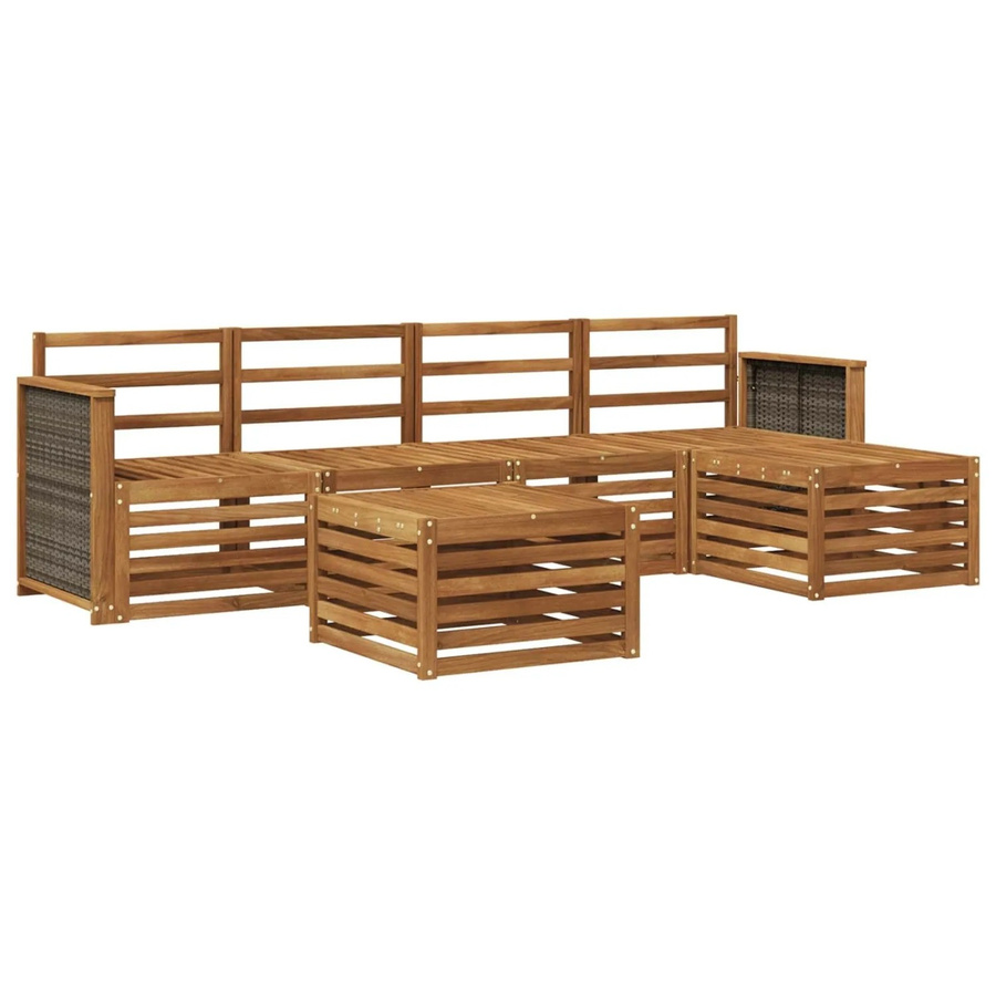 vidaXL Outdoor-Sofagarnitur aus Akazienholz mit 6 Teilen in Natur, bestehend aus Eckelementen, Ottomanen und Couchtisch inklusive Polsterkissen in Beige und Braun - Bild 2