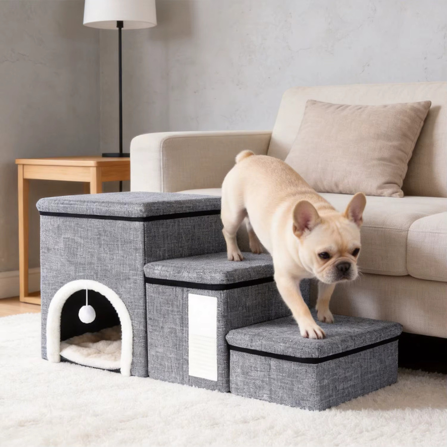 HGTUGO Faltbare Hundetreppe mit 3 Stufen in Grau, rutschfeste Haustiertreppe für Sofa und Bett mit praktischer Aufbewahrung - Bild 4
