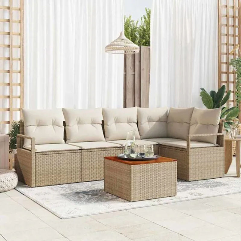 Vidaxl Garten-Sofa-Set aus 6 Teilen in Beige und Weiß, modernes Polyrattan-Loungemöbel-Set mit Stahl und Massivholz - Bild 1