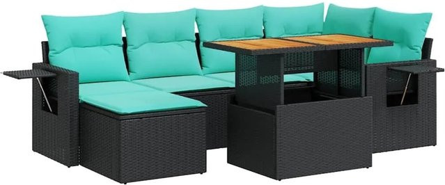 vidaXL 7-teilige Garten-Sofagarnitur in L-Form aus schwarzem Poly-Rattan mit Kissen und pulverbeschichtetem Stahlrahmen - Bild 1