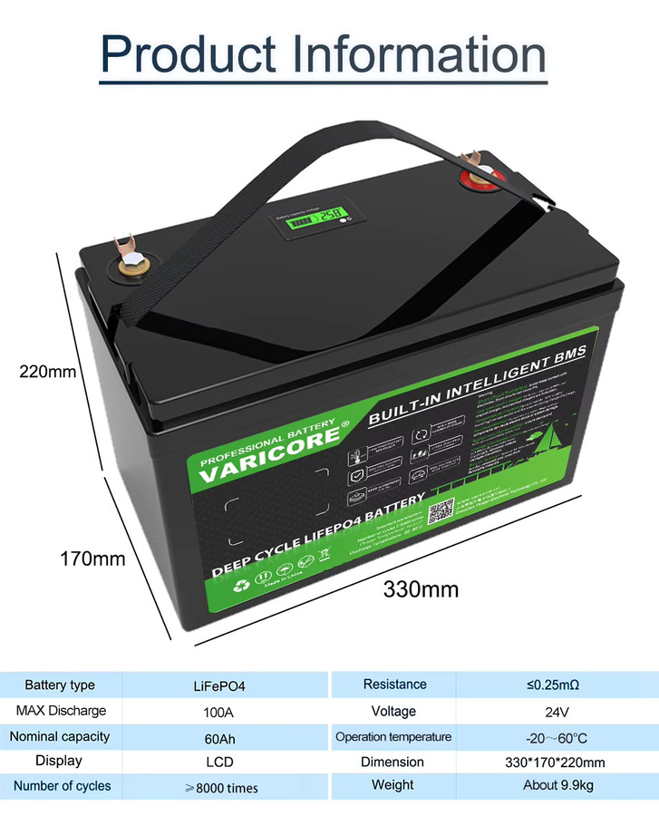VariCore 24V 60Ah LiFePO4 Batterie mit A-Klasse Zellen und integriertem BMS in Schwarz für Marine- und Solarenergiespeicher - Bild 2