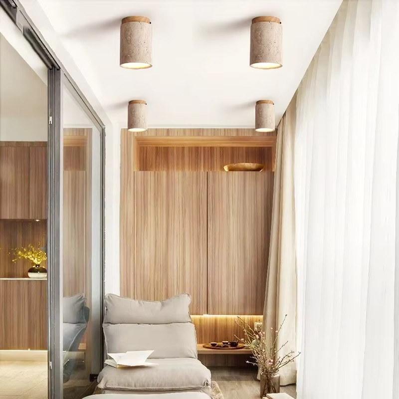 Runde LED-Deckenleuchte im japanischen Stil aus Stein und Holz in Beige als minimalistische Aufbauleuchte für Wohnzimmer, Flur und Balkon - Bild 3