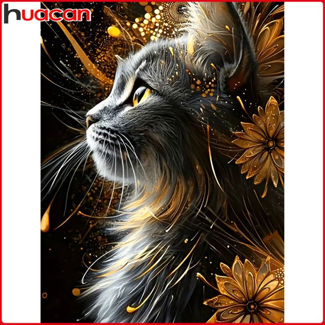 Huacan Diamantgemälde Katze und Blumen mit Rundbohrern als dekorative Tierkunst in Multicolour, Breite: 30,0 cm, Höhe: 20,0 cm - Bild 1