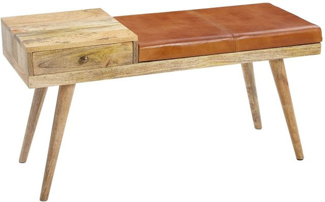 Wohnling Sitzbank aus Mango-Echtholz und Leder in Braun im Retro-Design, B/H/T: 100 x 52 x 38 cm - Bild 1