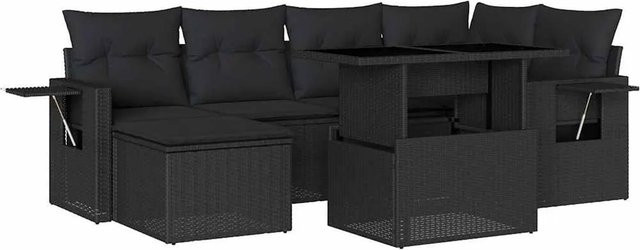 vidaXL 7-tlg. Garten-Sofagarnitur in L-Form aus schwarzem Poly-Rattan mit Kissen und pulverbeschichtetem Stahlgestell - Bild 1