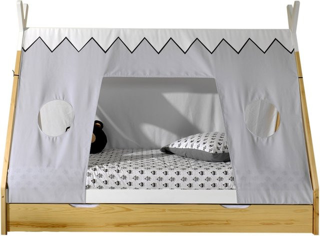 Vipack Tipi Kinderbett aus massiver Kiefer mit Textilzeltdach, Rolllattenrost und Bettschublade, Farbe Natur/Weiß, Liegefläche B: 90 cm, L: 200 cm - Bild 1