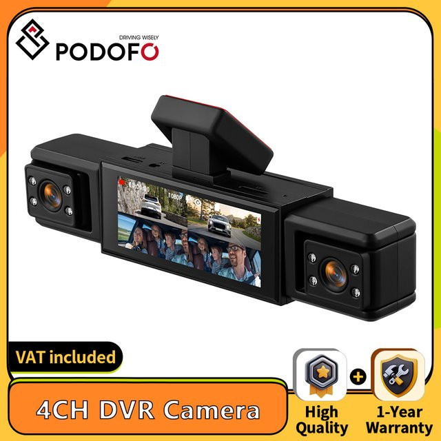 Podofo 4-Kanal Auto-Dashcam mit 1080P Quad-Linsen, 4K-Fahrzeug-DVR-Recorder für Front, Innenraum und Heck mit Nachtsicht und Parküberwachung, Schwarz - Bild 1