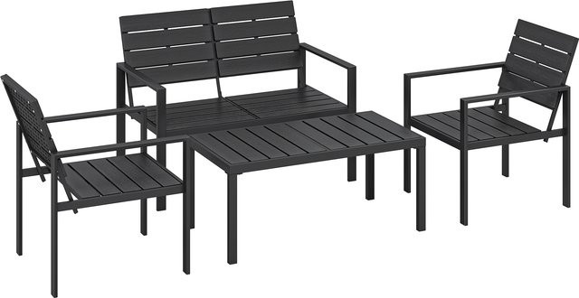Outsunny Gartenmöbel Set für 4 Personen in Schwarz mit 2er-Sofa, 2 Sesseln und Couchtisch aus wetterfestem HDPE-Latten und Metall - Bild 1